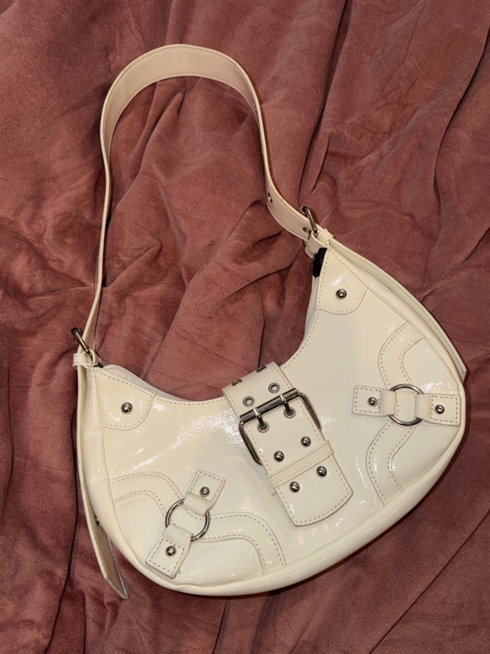 Women's Patent Cream Shoulder Bag with Buckle Detail